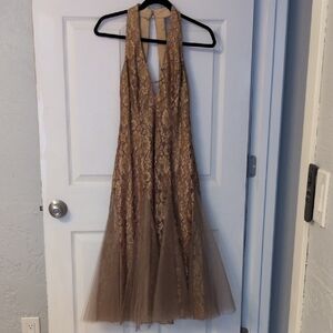 Niki Lavis Backless Lace Dress in Tan